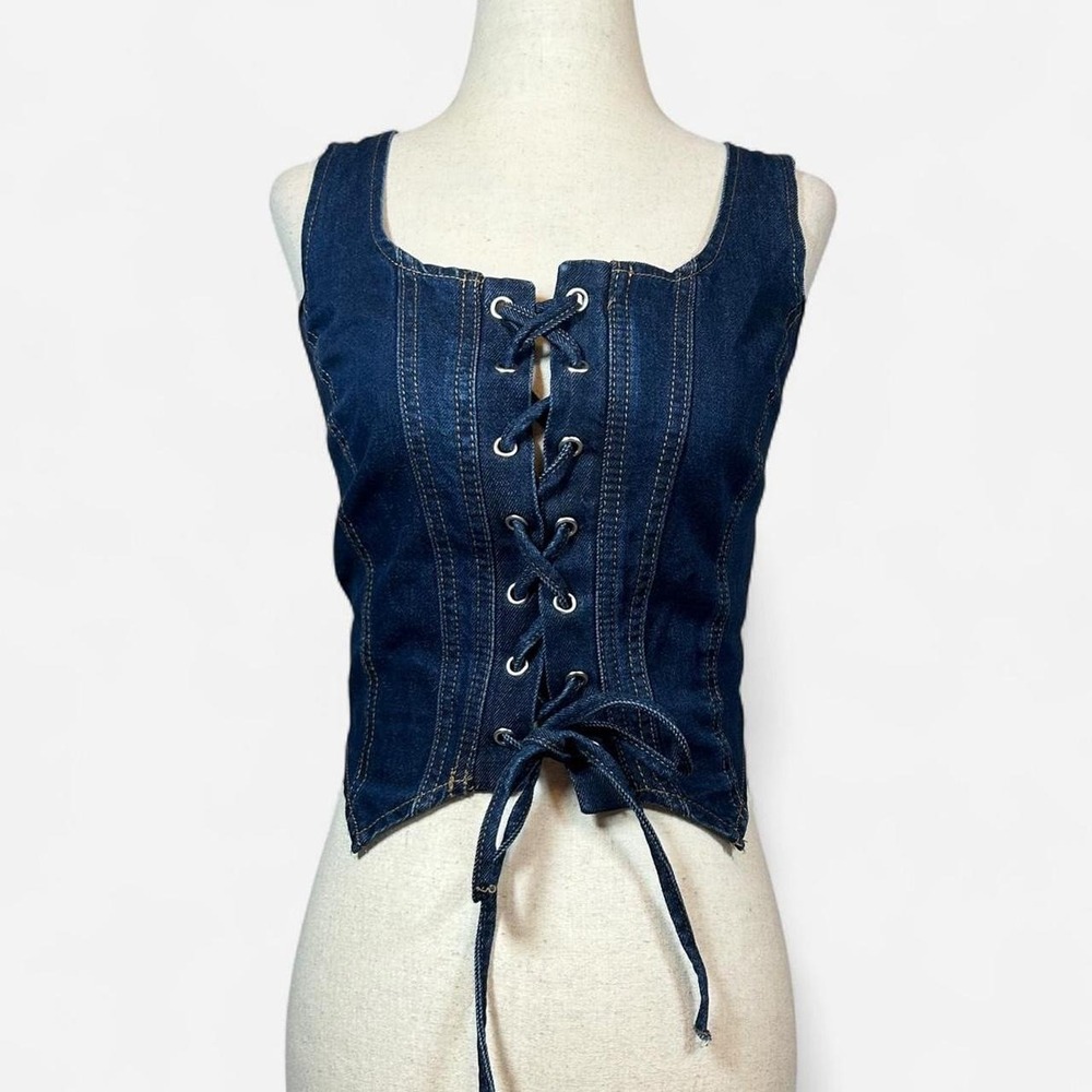 Lone Star Denim Lace Up Corset Vest Top Lace Up Womens M Boho Western Cowgirl
